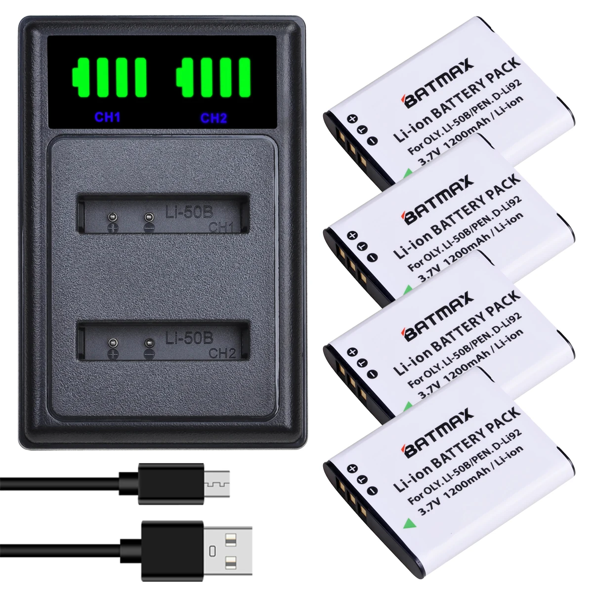 Batmax Li-50B Li50B Bateria D-Li92 Battery +LED Dual Charger with Type C for Olympus u6010 u6020 for Pentax XZ-1 SP-800UZ DLi92