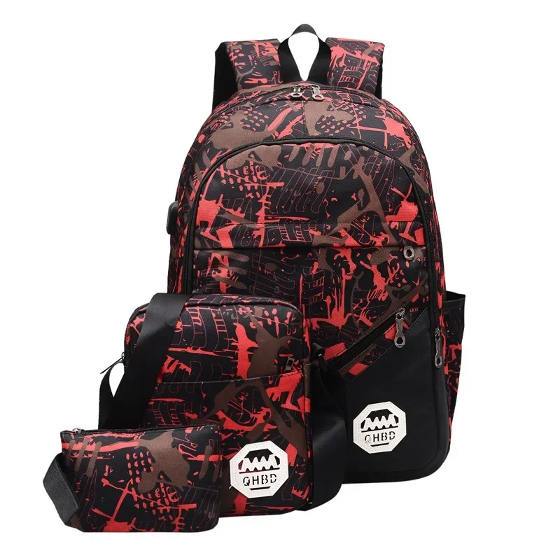 Men\'s and Women\'s Backpack Student School Bag Printed Leisure Backpack Light Three-piece Travel Backpack Computer Bag