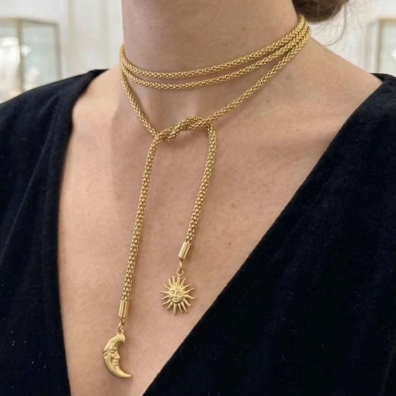 Double Layer Gold Chain Necklace for Women Pull Adjustable Design Sun & Face Moon Pendant Daily Layering Neck Jewelry Gift