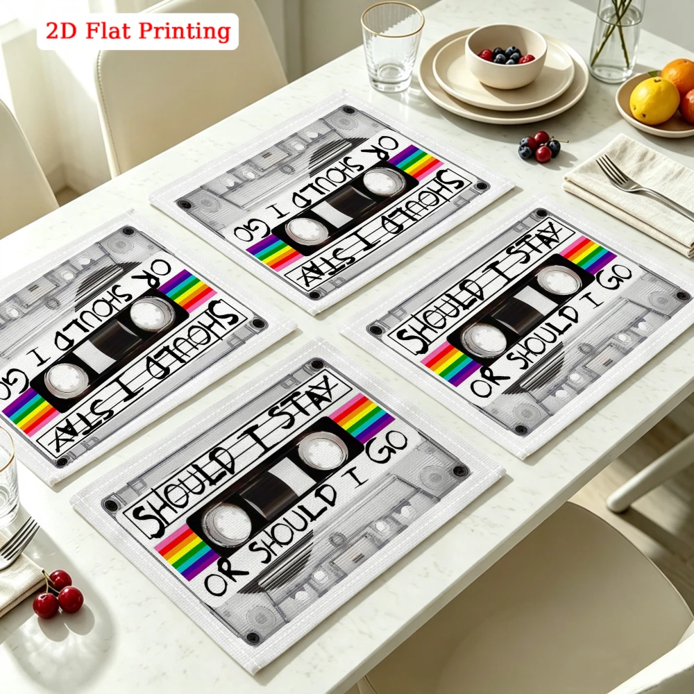 2Pcs Retro Cassette Tape Placemat White Should I Or Should I Rainbow Non Slip Heat Resistant 30X40Cm