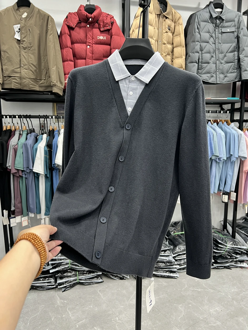 

Мужской повседневный вязаный свитер с имитацией воротника-поло, имитация двухслойности, открытый кардиган, осенняя мода, мягкая смесь полиэстера