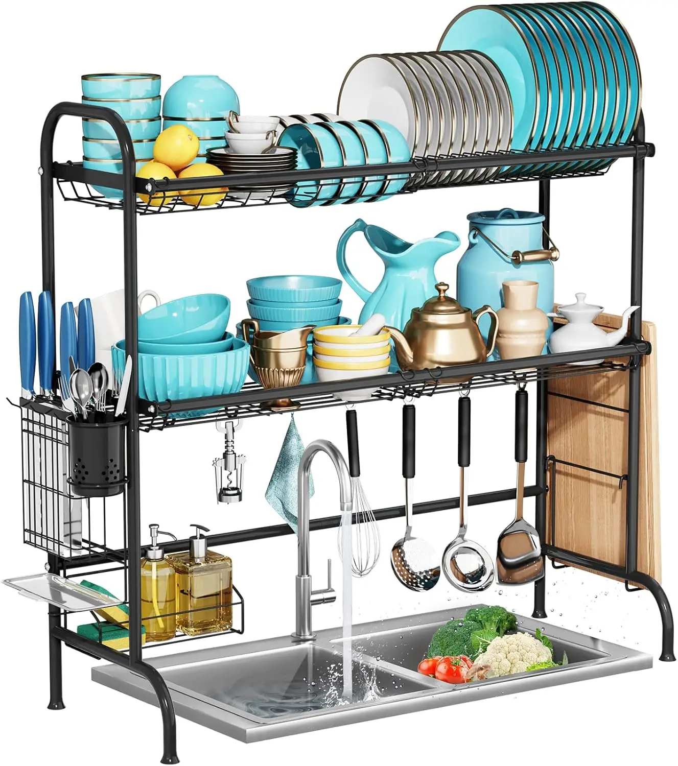 

Stainless Steel 2Tier Over The Sink Dish Drainer Drying Rack with Utensil Holder, Large Dish 0rganizer Racks for Kitchen Counter