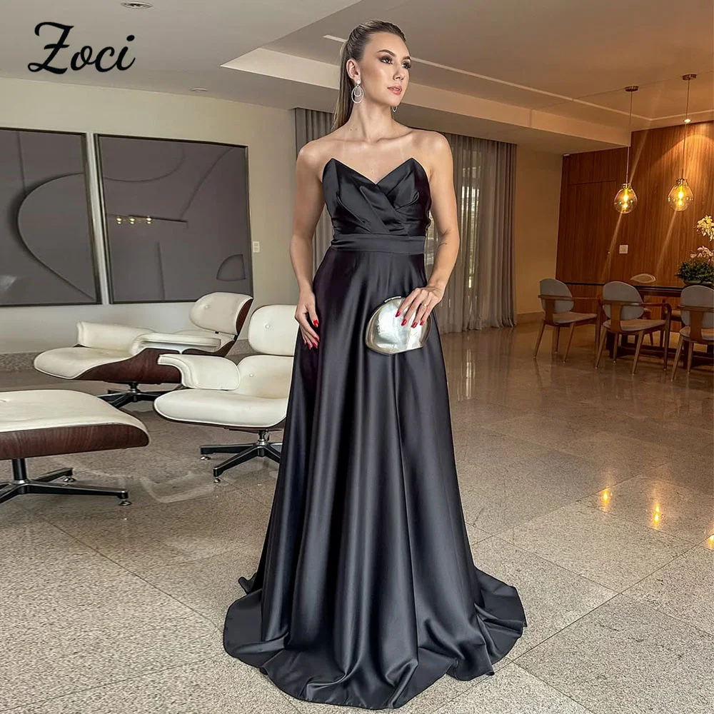 

Zoci Strapless V Neck Black Prom Dresses Sleeveless Draped A Line Saudi Arabic Evening Party Gown Customized vestidos de festa