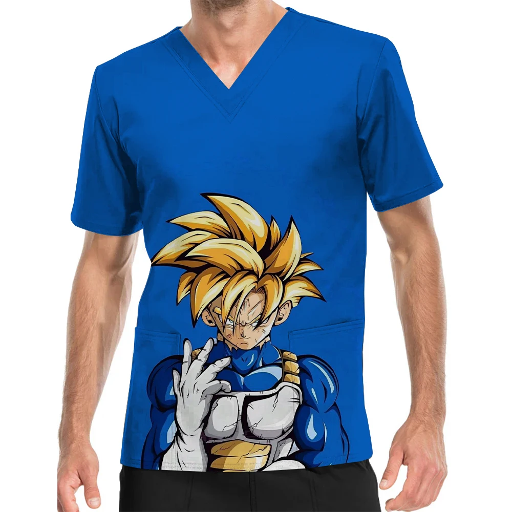 Men Work Tops Dental Ophthalmology Work Uniforms V-Neck Print Scrub Top Goku Super Saiyan Embossed Tops Durable Nursing Clothes