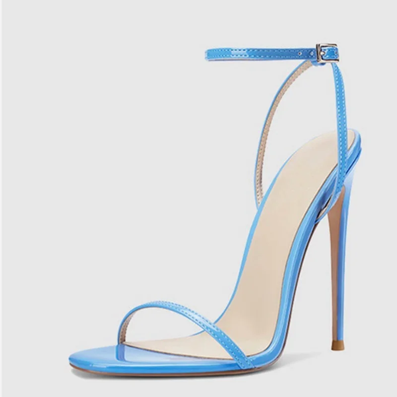 

Concise Ankle Strap Women High Heel Sandals Candy Colors Patent Leather Round Toe Female Formal Party Shoes Blue Red