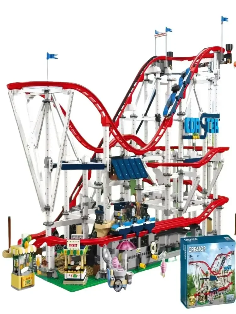 

New creative expert red playground roller coaster train marshmallow cart booth building block toy model children adult holiday g