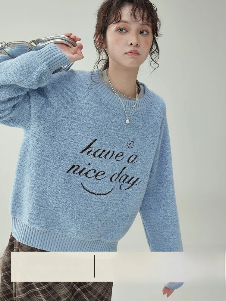 

Thiened Long Sve Women's Knitwear AMUU Original Engli Embroidery Loose Fit Warm Soft Autumn Winter Top by Beidao