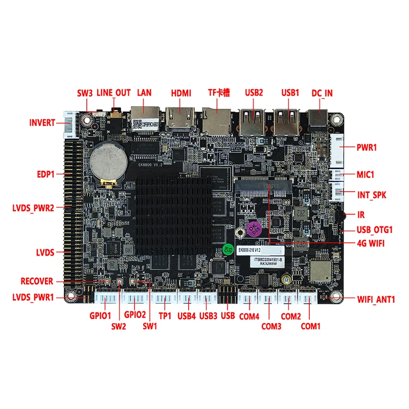 ELSKY EK8800 Android Motherboard with Rockchip RK3288 2GB RAM 32GB Storage LVDS/EDP 1*Realtek 8211E LAN 2*COM TTL 4G