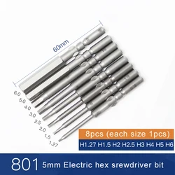 8pcs/lot 60mm length 801 5mm Round Shank Magnetic Hexagon Head Electric Hex Screwdriver Bit H1.27 H1.5 H2.0 H2.5 H3 H4 H5 H6