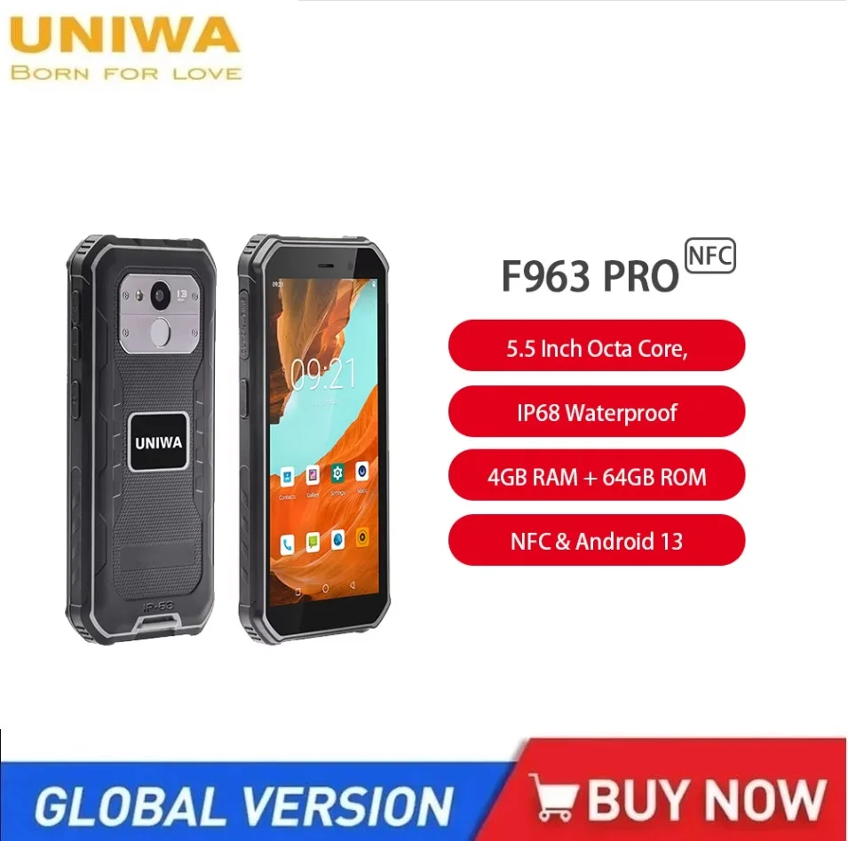 UNIWA F963 Pro Rugged Smartphone Android13 5.5 Inch Octa Core 4GB RAM+64GB ROM 5050mAh IP68 Mobile Phone Handheld PDA With NFC