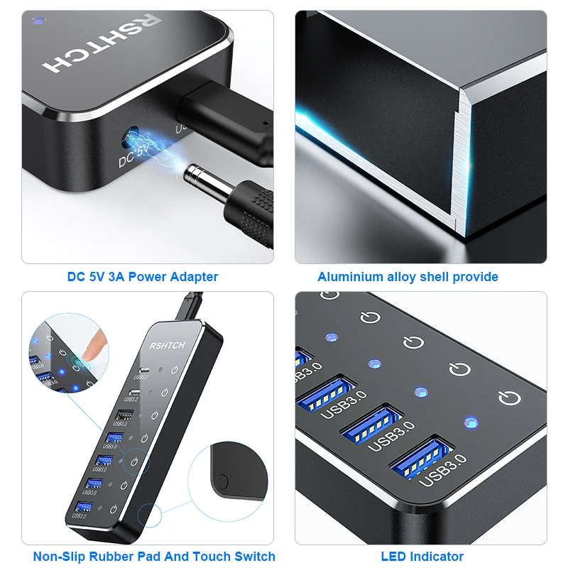 RSHTECH USB C HUB USB3.2 Gen 2 tipo C expansor interruptores táctiles individuales multipuerto USB Hubs divisor para ordenador portátil Macbook