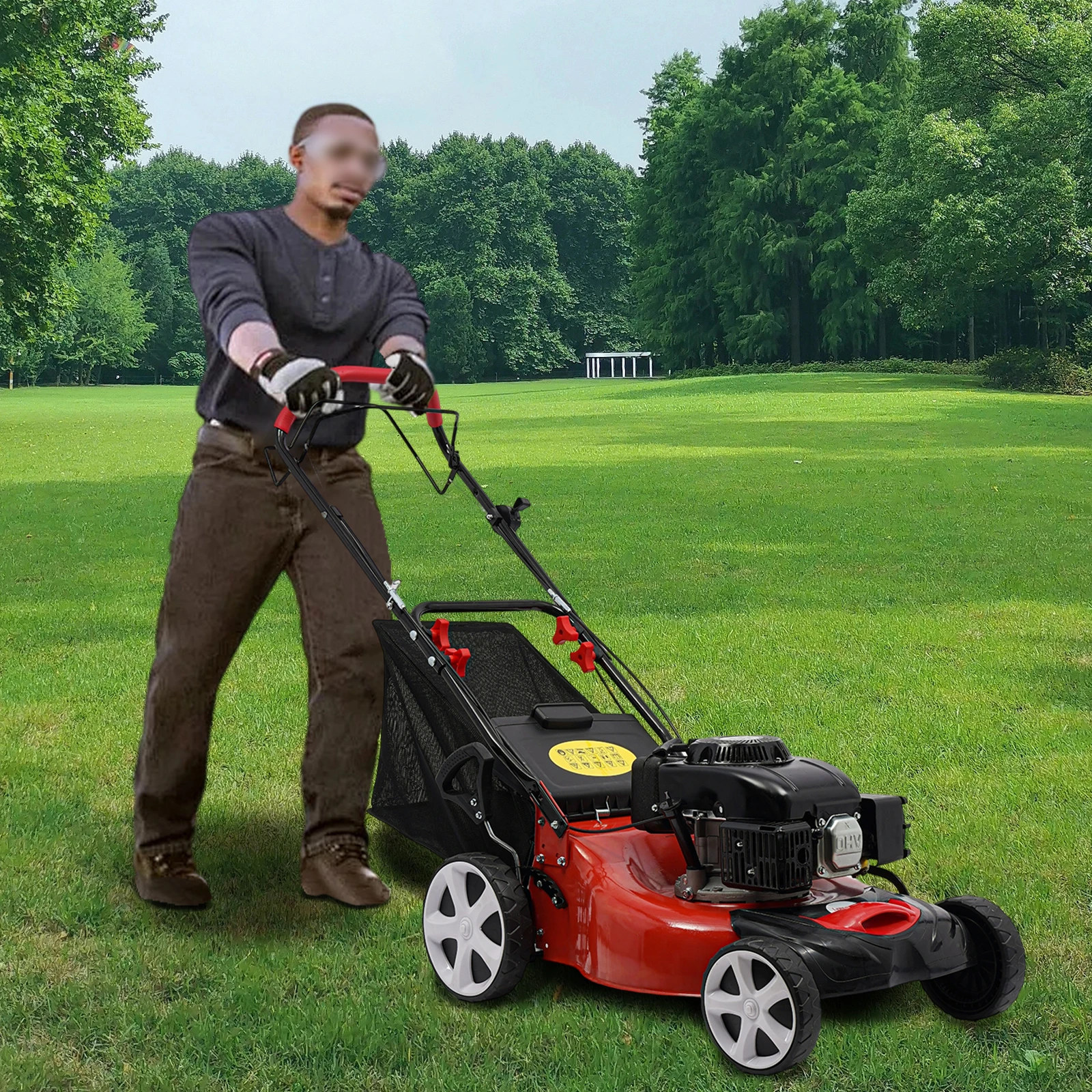 5HP Gas Push Mower with 8-Gear Height Adjustment, 0.42Gal Fuel Tank and 15.9Gal Grass Bag for Continuous Mowing
