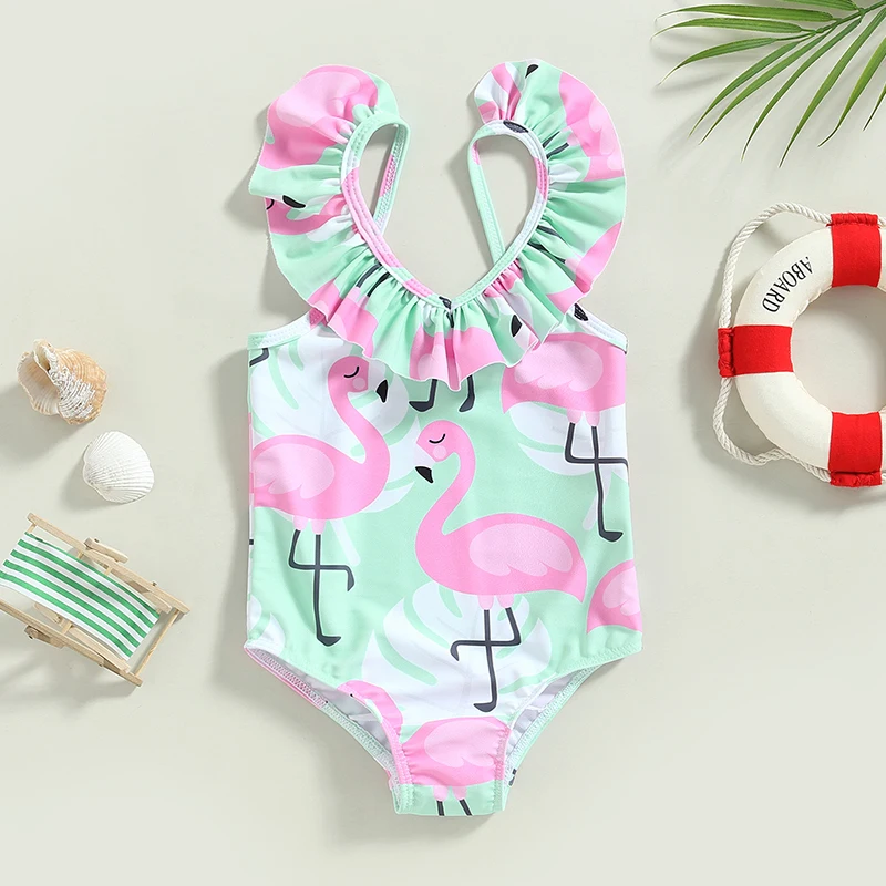 

2022-12-30 Lioraitiin 0-6years Toddler Girl Swimsuits Flamingo Print Backless Fly Sleeve Jumpsuit Swimwear Beachwear Bathing