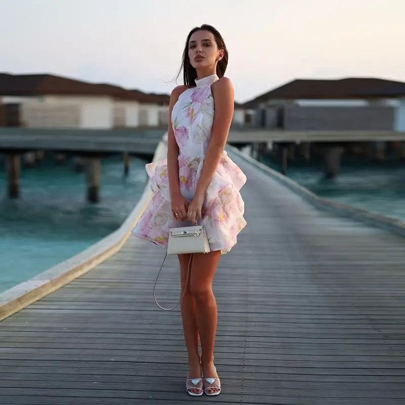 Francês floral chique com tiras mini vestidos femininos rosa impresso halter sem costas sem mangas em camadas verão férias festa senhoras vestido