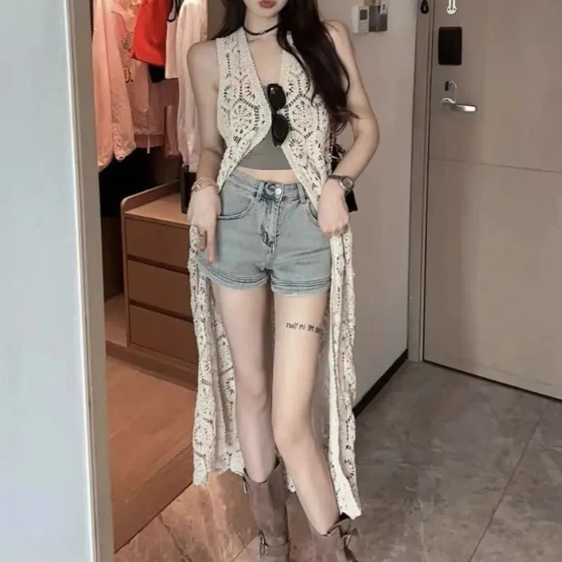 

Autumn V-neck Casual Japanese Cardigan Heavy Hollow Out Coat Women Y2k Fashion Sleeveless Loose Tops Mujer Lace Shirts