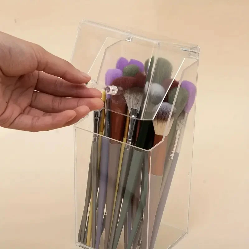 Soporte para brochas de maquillaje, organizador de herramientas para brochas cosméticas acrílicas transparentes cuadradas con tapa a prueba de polvo, caja de almacenamiento para lápices de cejas