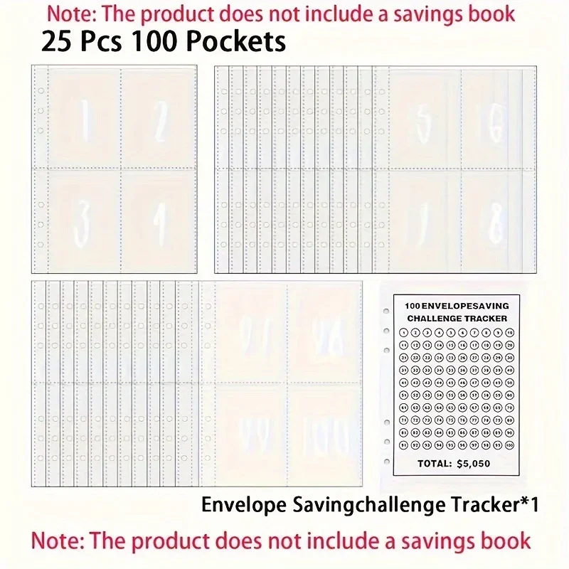 25Pack Cash Stuffing Envelopes 100 Envelopes Money Saving Challenge Replacement A5 Binder Inserts Clear Money Envelopes for Cash