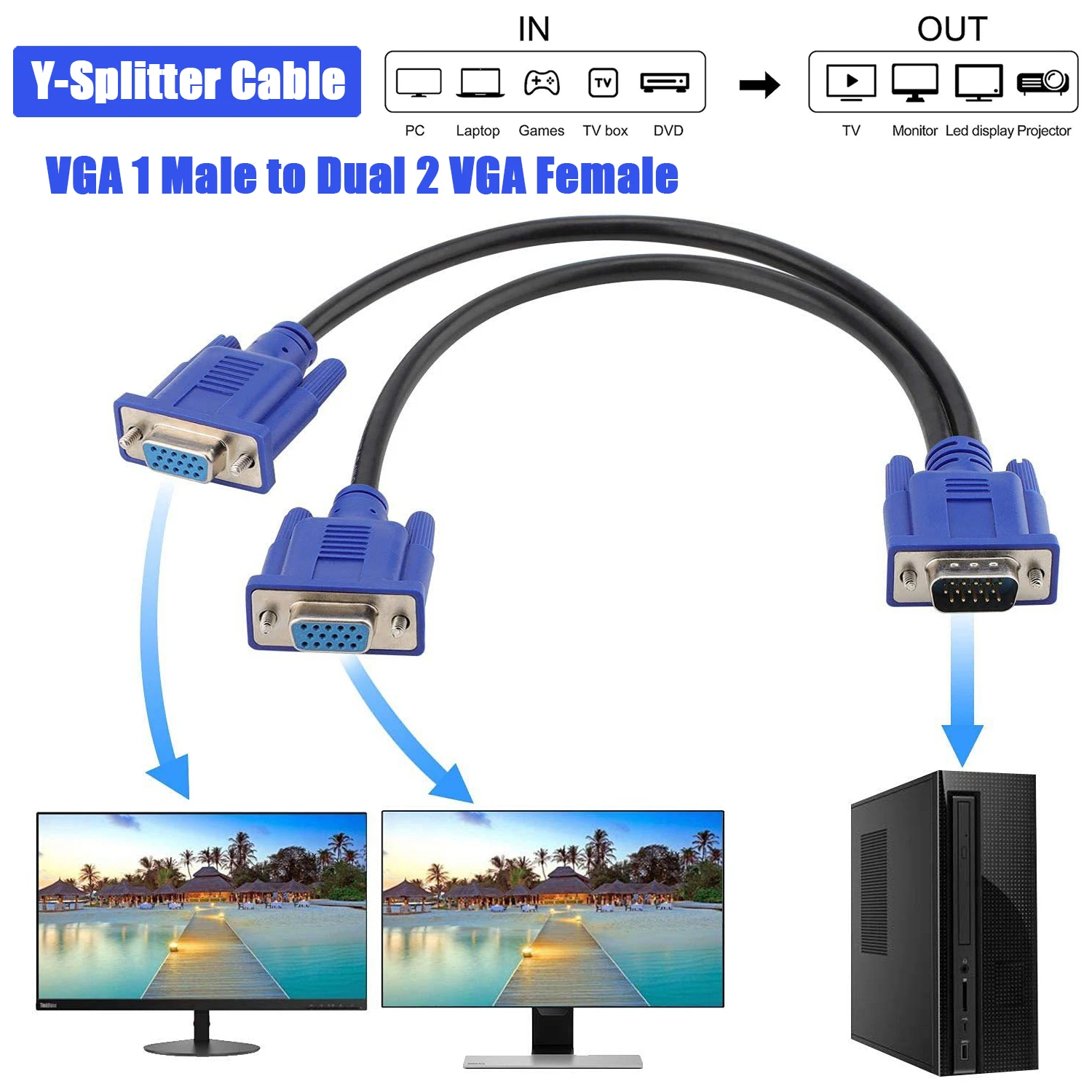 VGA 1 Male To 2 Two Dual Female SVGA Video Splitter Cables Splitter Adapter Cable 1 In 2 Out 1080P For Monitors Projector Screen