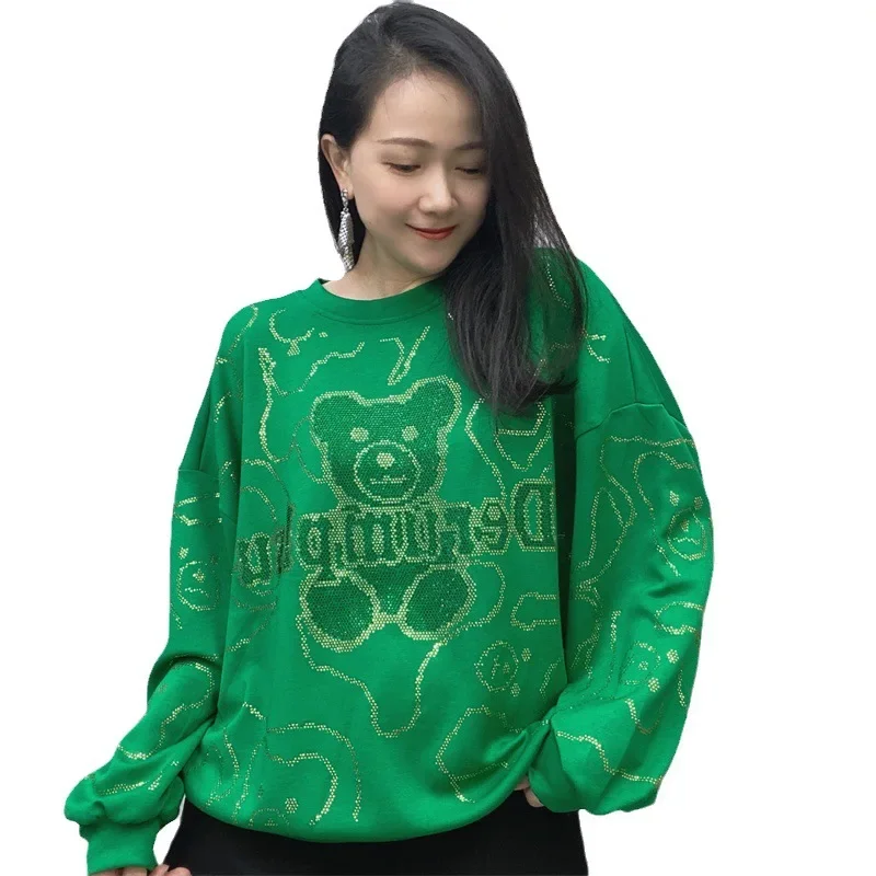 Cartoon Rhinestone Space Cotton Hoodies Female 2023 Spring Autumn New Loose Round Neck Pullover Long Sleeve Top Women's Clothing