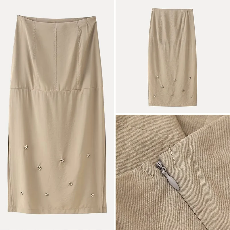 

Лето 2023, женская свободная юбка-миди с высокой талией, украшенная бриллиантами, прецизионное плетение, трапециевидной формы с силуэтом, чистый цвет