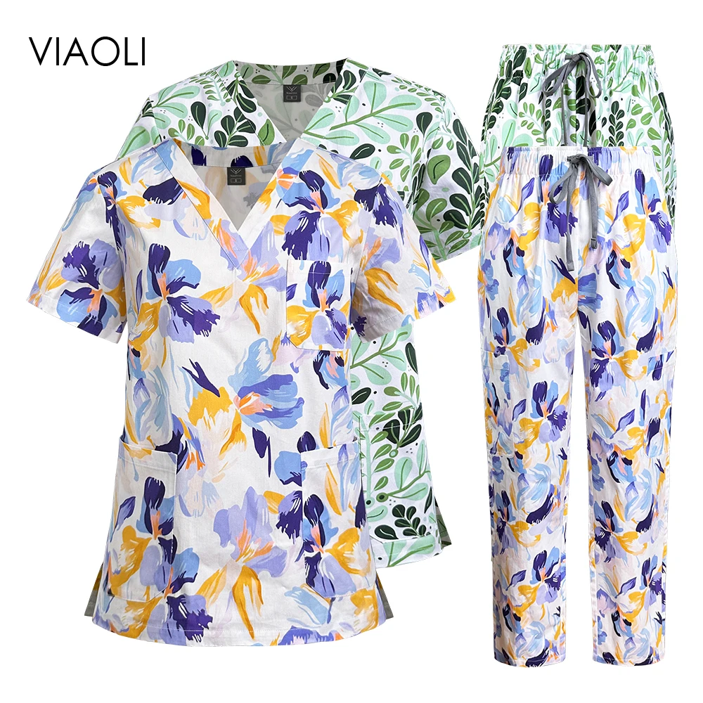 Wholesale Nurse Sets Printed 100% Pure Cotton Short Sleeve V-Neck Hospital Suits Woman Surgical Uniforms Work Wear Tops Pant Set