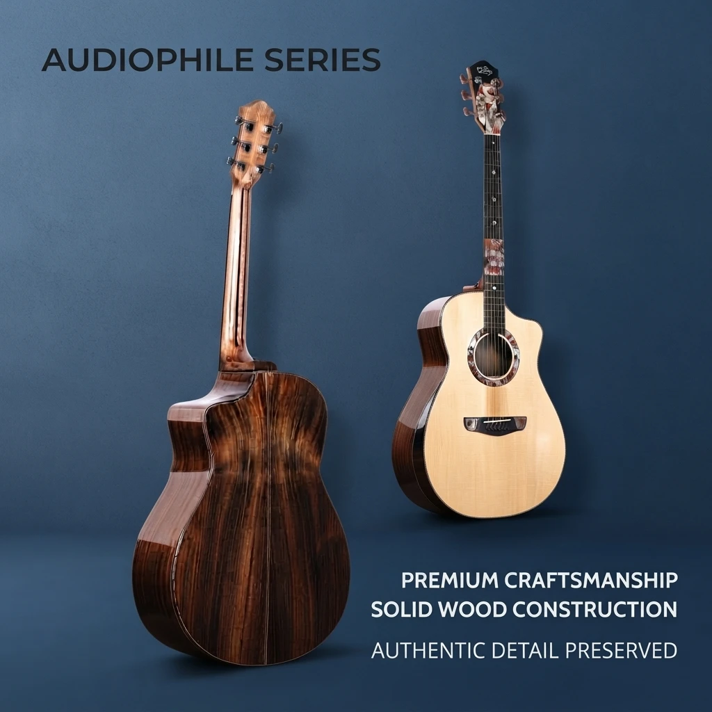 Gloss Finish GA Cutaway All Solid 6 String Acoustic Folk Guitar, Colorful Inlay, Chrome Tuners for Stage Performance Musicians