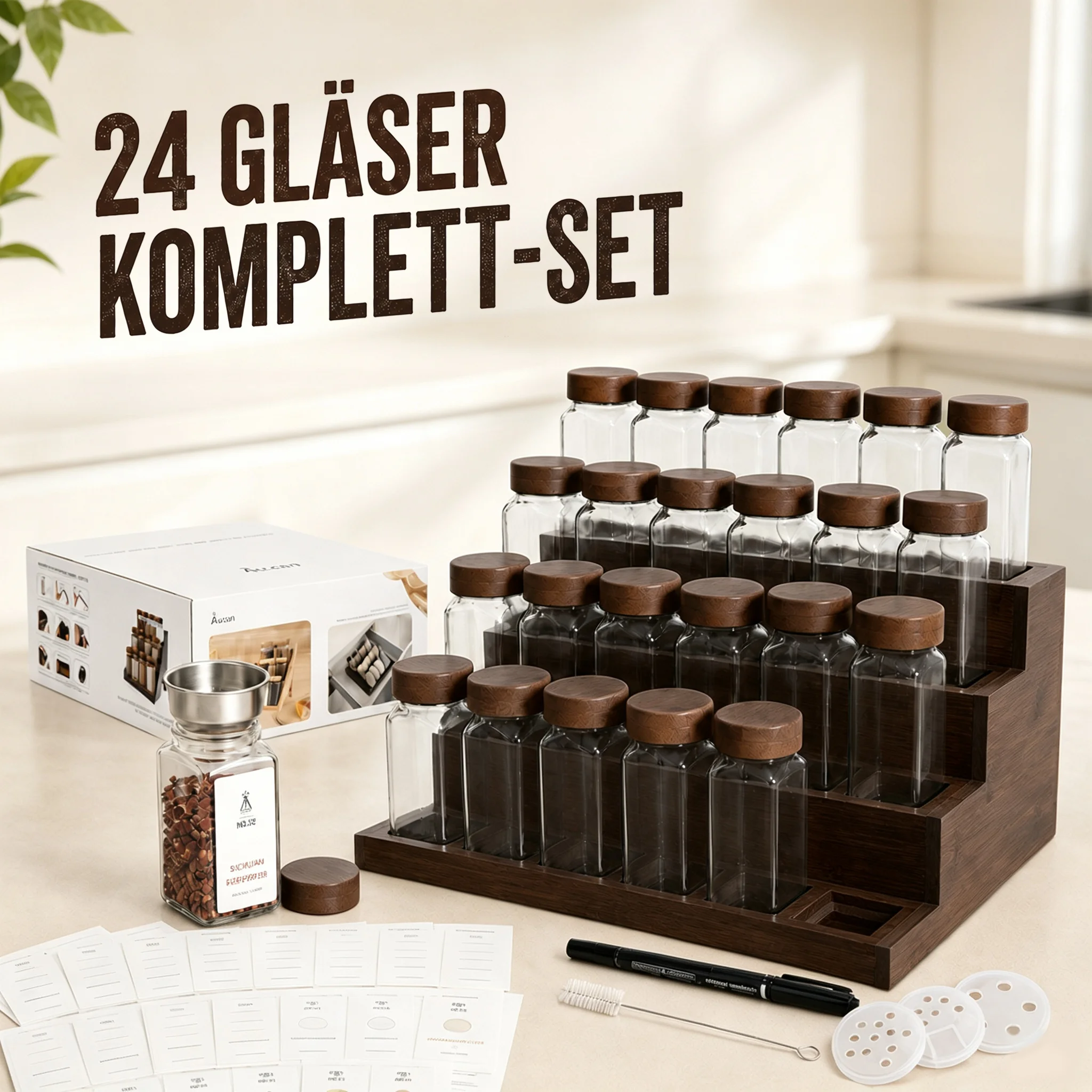 Natürliches Gewürzregal, mehrstöckiges Gewürzregal aus Akazienholz mit Gläsern, patentiertes Design, exklusiver Anti-Wackel-Gewürz-Organizer mit Schlitzen, 12-teilig & 21-teilig, klappbar für