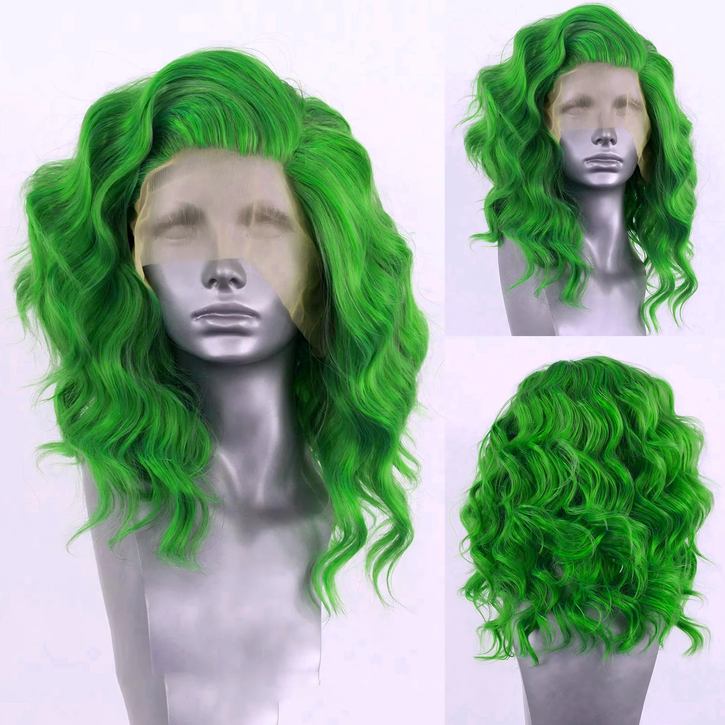 13X4 Short Green Wig Bob Wave Lace Front Synthetic Wigs Natural Hairline Glueless Daily Wear Wig for Women Heat Resistant Fiber