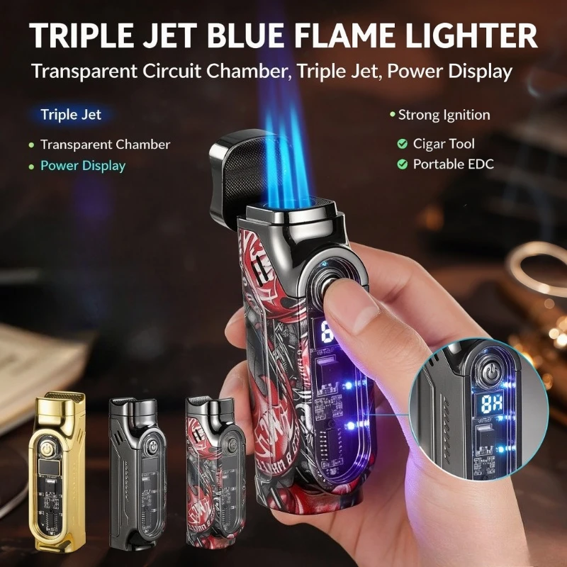 Multifunctional Gas-Electric Hybrid Cigar Lighter, Triple Fire Jet Flame, Windproof & Sturdy, Premium Smoking Gift for Men