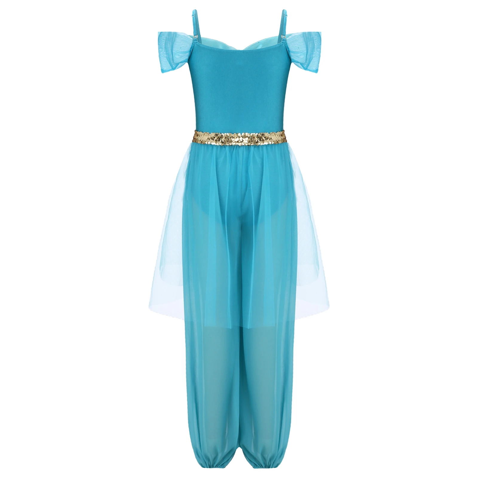 Halloween Arabian Princess Costume Rhinestone Sequin Belly Dance Jumpsuit Mesh Overlay Romper Oriental Indian Arabi Role Playing view 3