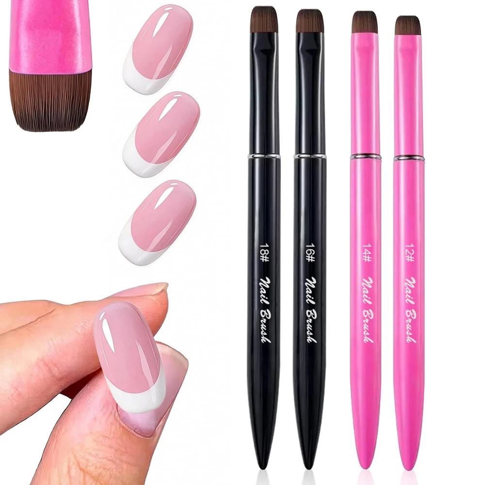 12# 14# 16# 18# 2Pcs French Nail Brush Set Pink Black Handle Short Square Round Nylon Manicure Brushes 3 in 1 Gel Nail Pen Tools