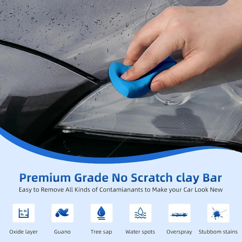 Car Detailing Clay Bar Kit Residue-Free Tar Fallout Cleaner Smooth Paint Finish with Microfiber Wash Glove for Vehicle Care