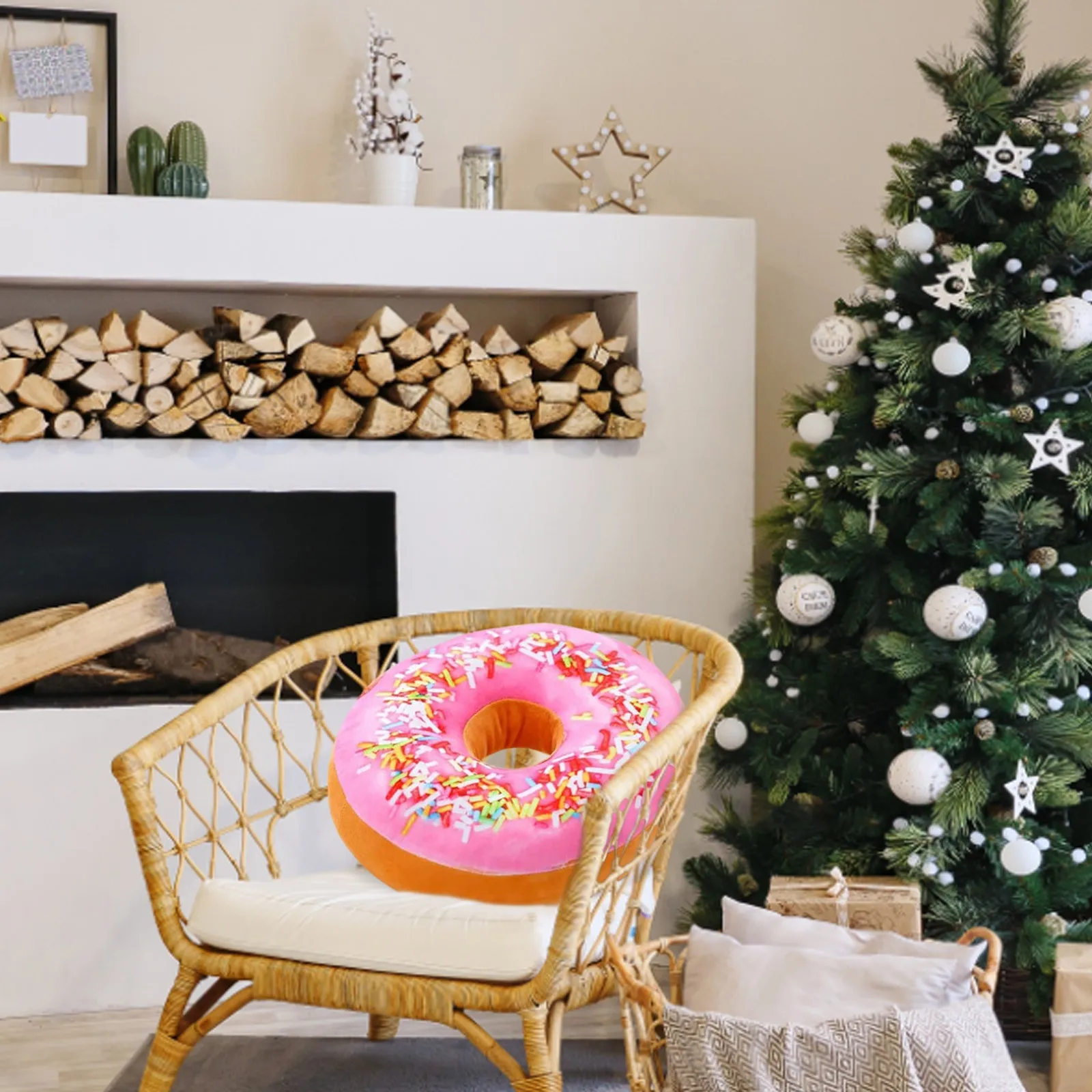 Donut Food Throw Pillow Case Colorful Stuffed Ring Shaped Decor Plushie Head Pillow Seat Cushion Indoor Floor Sofa Kids Gift