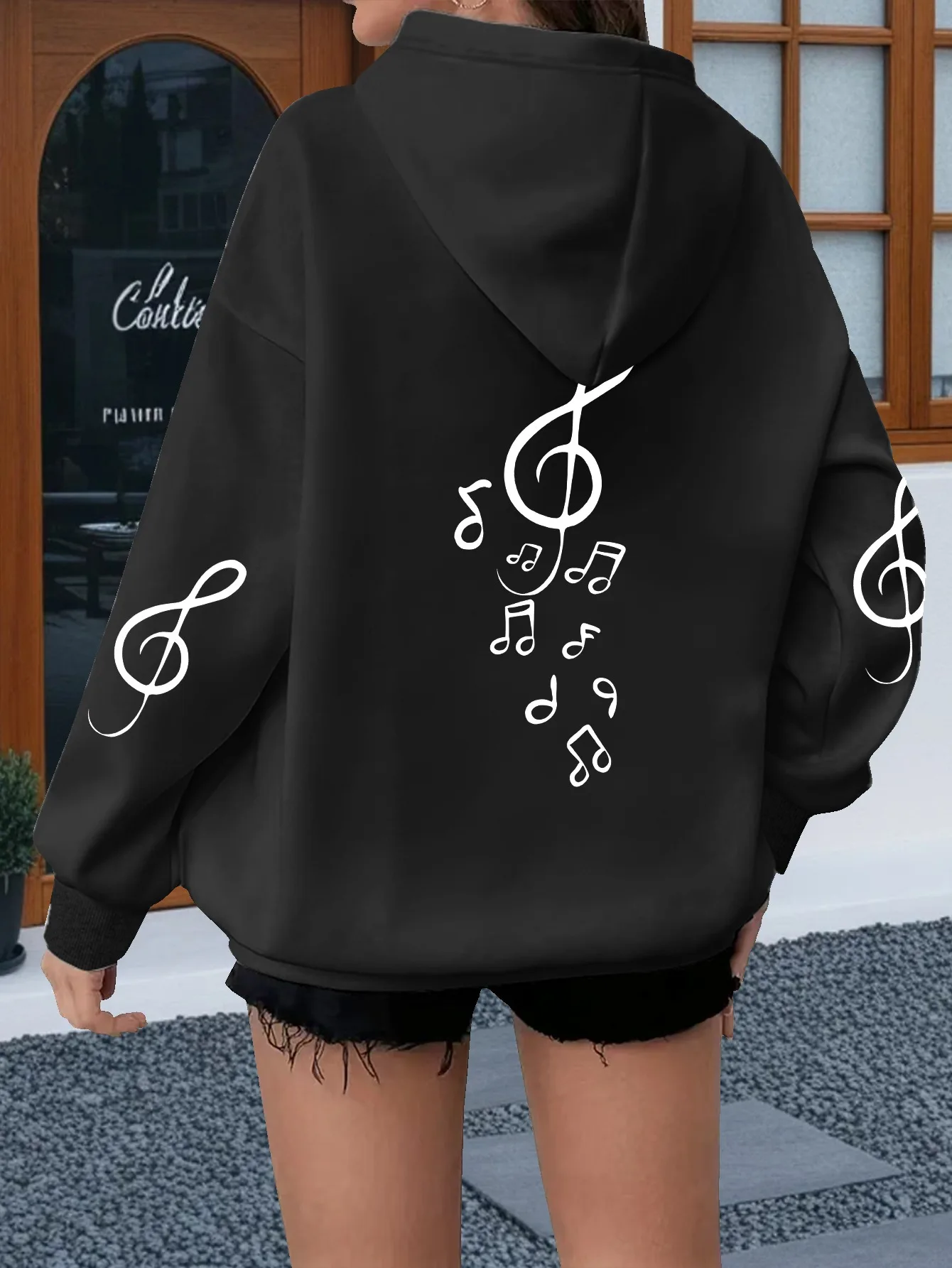 Women Loose Hooded Sweatshirt Musical Note Treble Clef Graphic Print Long Sleeve Casual Daily Street Pullover Tops
