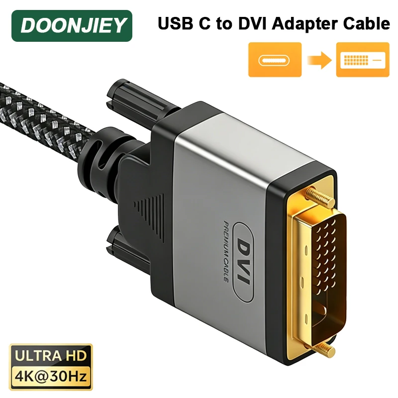 DOONJIEY USB C to DVI Adapter Thunderbolt3 4K 30Hz Type-C to DVI(24+1) Video Converter For MacBook iPhone15 Monitor Projector