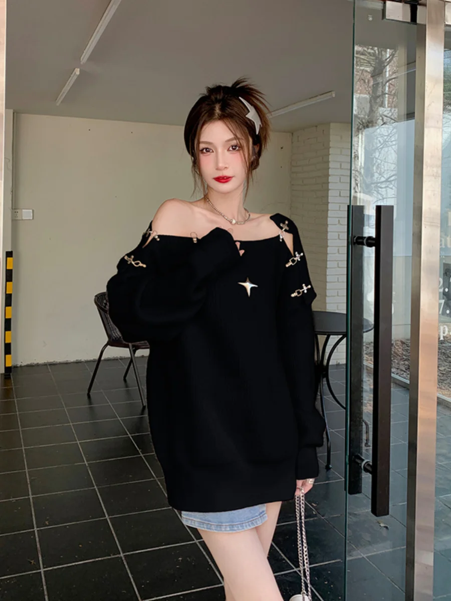 Off-Shoulder Streetwear Sexy Black Sweater Women 2023 New Winter Sweaters Loose Mid-Length Outerwear Long Sleeve Knitted Jumper