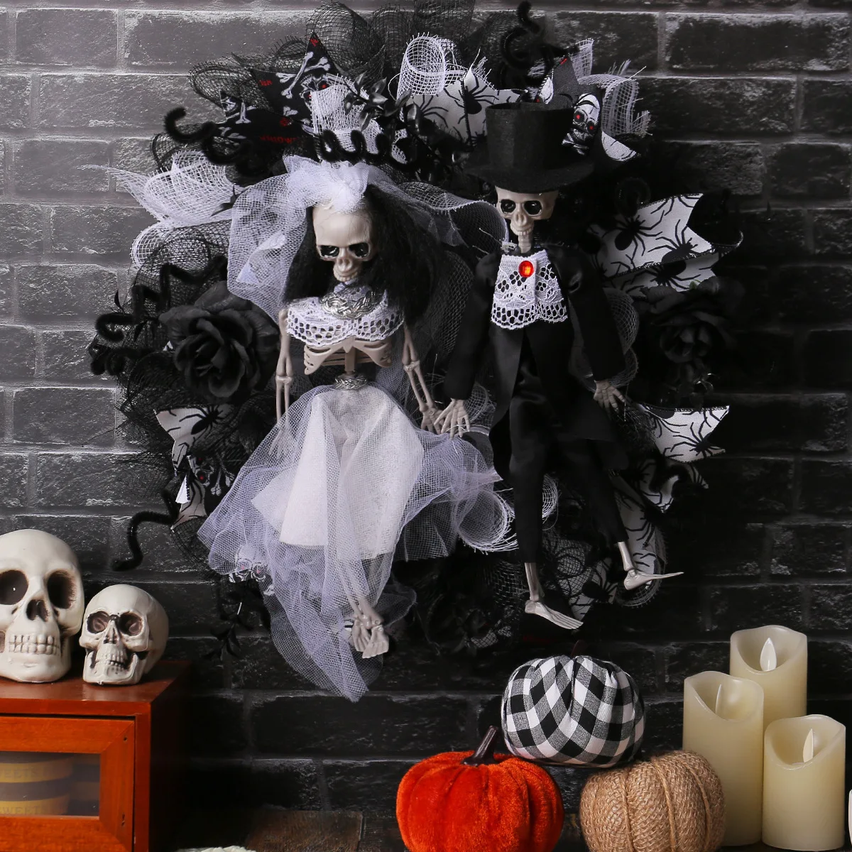 

Halloween Skeleton Bride Mesh Wreath Simulation Flower Ghost Vine Circle Pendant Ghost House Horror Decoration Prop