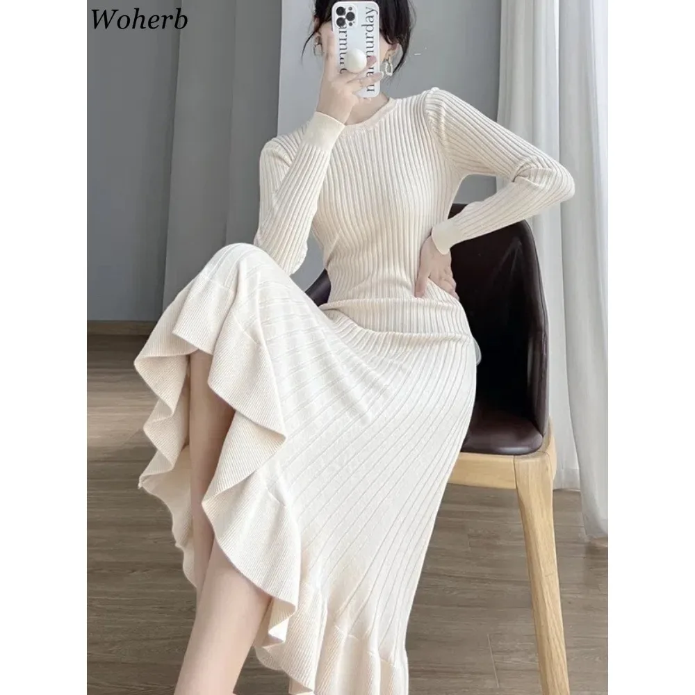 Korean New O Neck Temperament Robe Femme Knitted  A-Line Woman Dresses 2026 Vestidos De Mujer Slim Waist Ruffled Fishtail Dress
