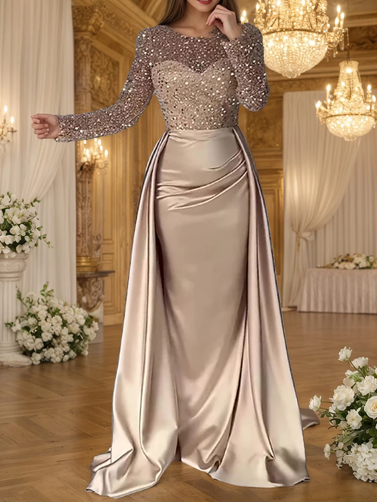 Glamoureuze avondjurk met pailletten voor dames, ronde hals, goud, lange mouwen, ruches, gelaagde bodycon, formele galajurk, maxi-jurken voor bruiloften