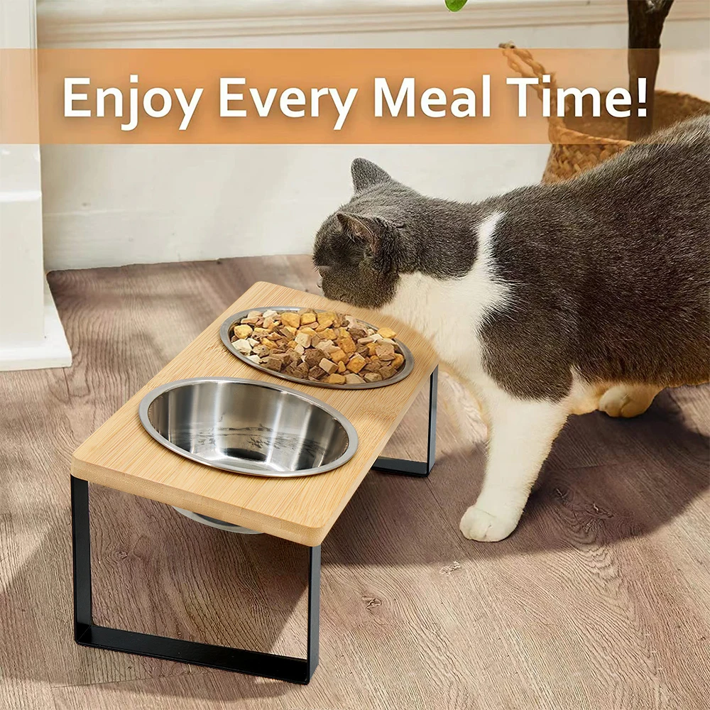 

Elevated Cat Bowls 15° Tilted Raised Cat Food Bowls with Wooden Stand Anti Vomiting 2 Stainless Steel Bowls for Cats and Puppy
