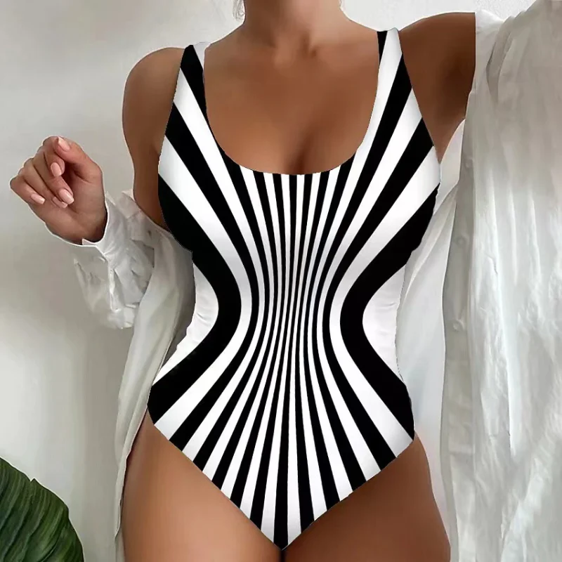 New Women Optical Illusion Striped Printed One Piece Swimsuit U Neck Sleeveless Bodycon Swimwear Summer Beach Bathing Suit