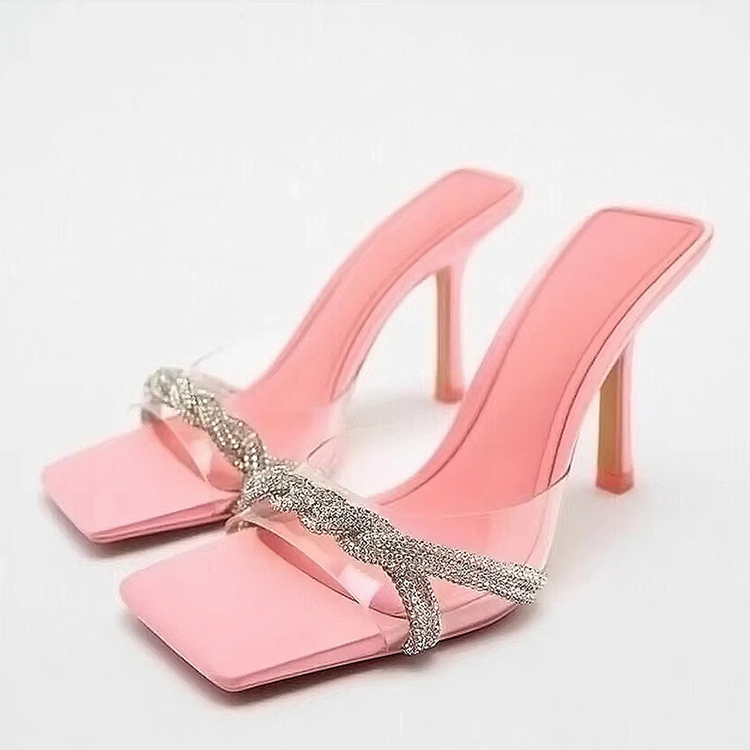 TRAF Rhinestone Transparent Pink Slingbacks Shoes Women's Square Head Open Toe Pump Stilettos Thin-Heel Slipper Sandal For woman