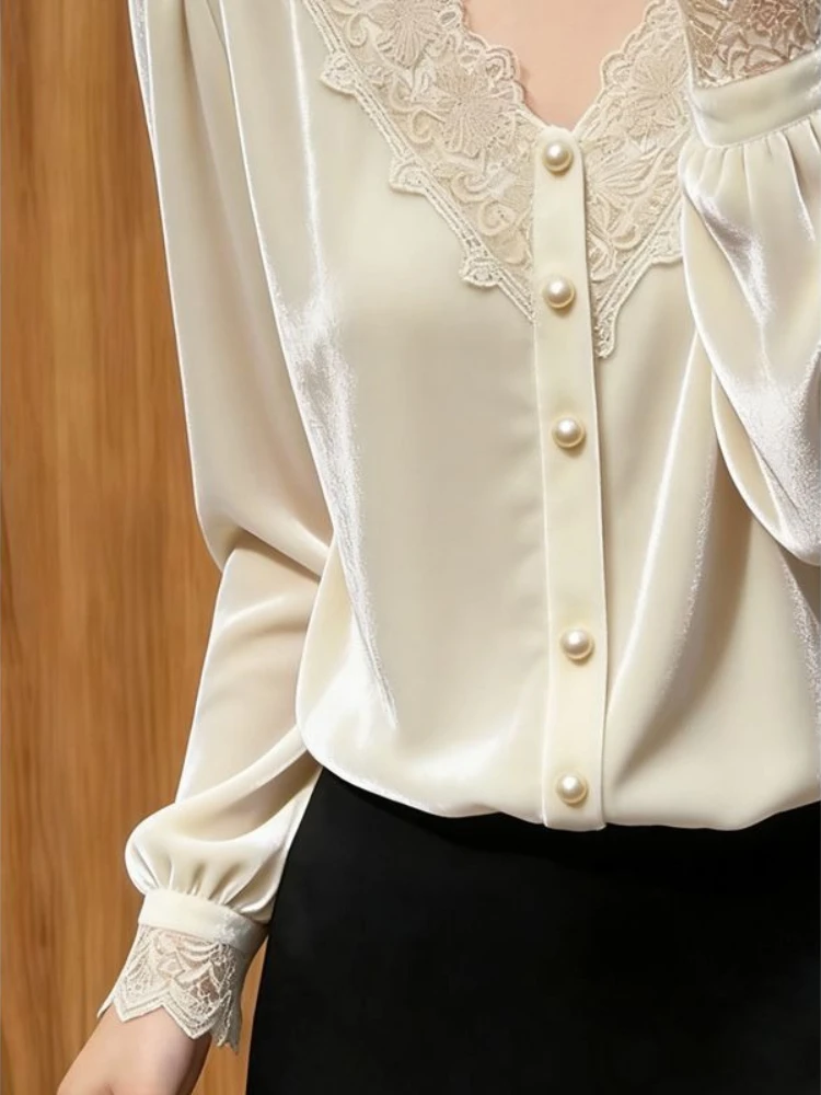 Velvet Lace Patchwork Women's Blouse V-neck Pearl Detail Long Sleeve Elegant Solid Color Fashion Top for Ladies