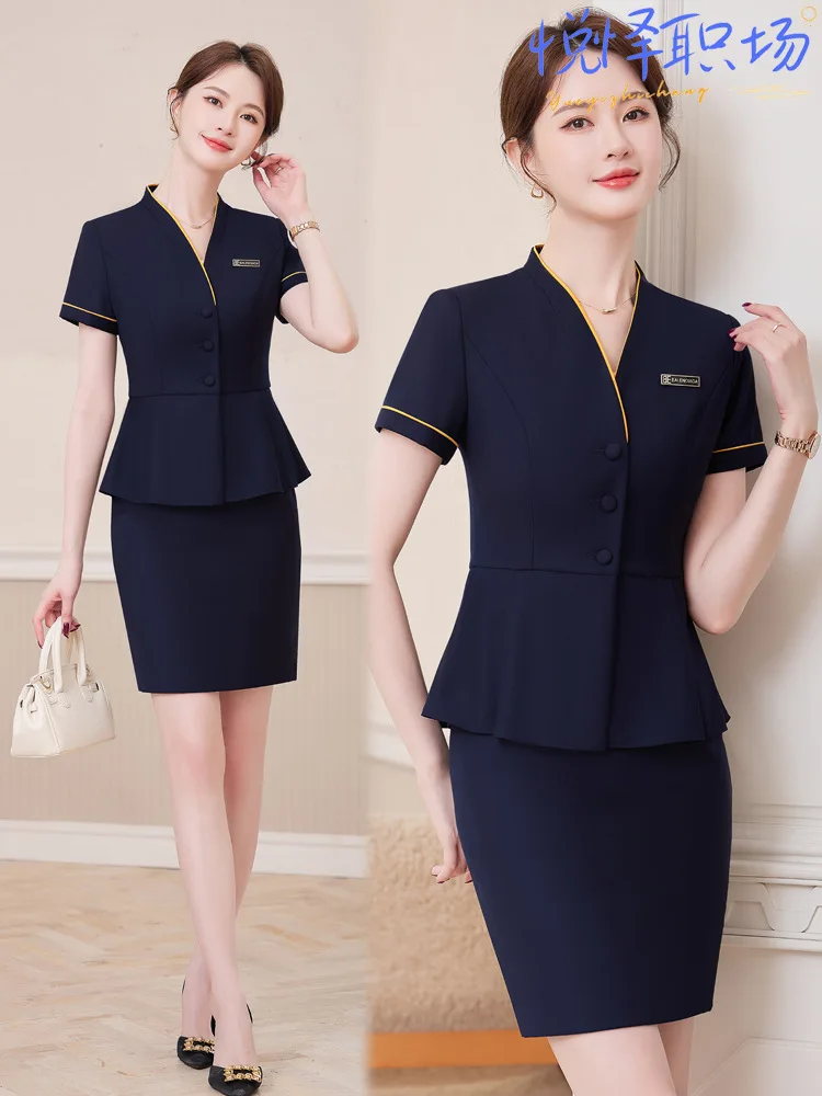High-end collarless professional women's suit2025Summer short-sleeved work uniform for women in jewelry stores and hotel front d