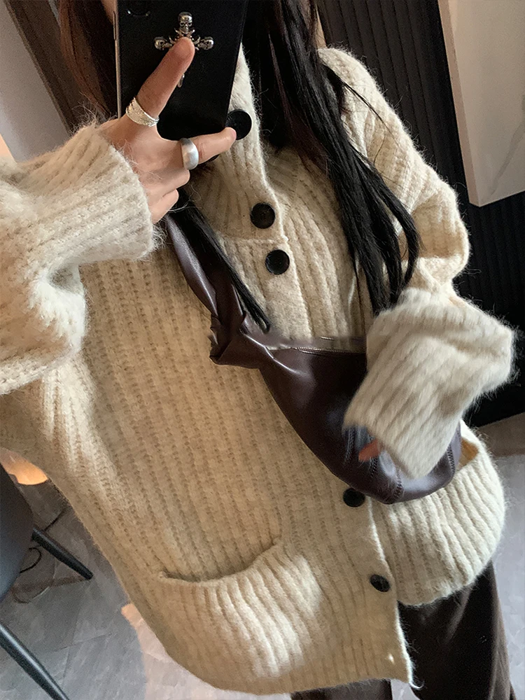 Americano retro alta ne malhas casaco feminino outono inverno solto comprimento médio aberto cardigan solto ajuste faion topo