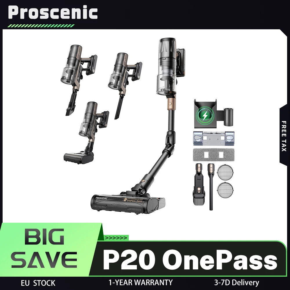 Aspirateur sans fil Proscenic P20 OnePass, aspiration de 70 000 Pa, moteur sans balais de 680 W, autonomie de 70 minutes, 180 °   Tuyau flexible, humide et sec