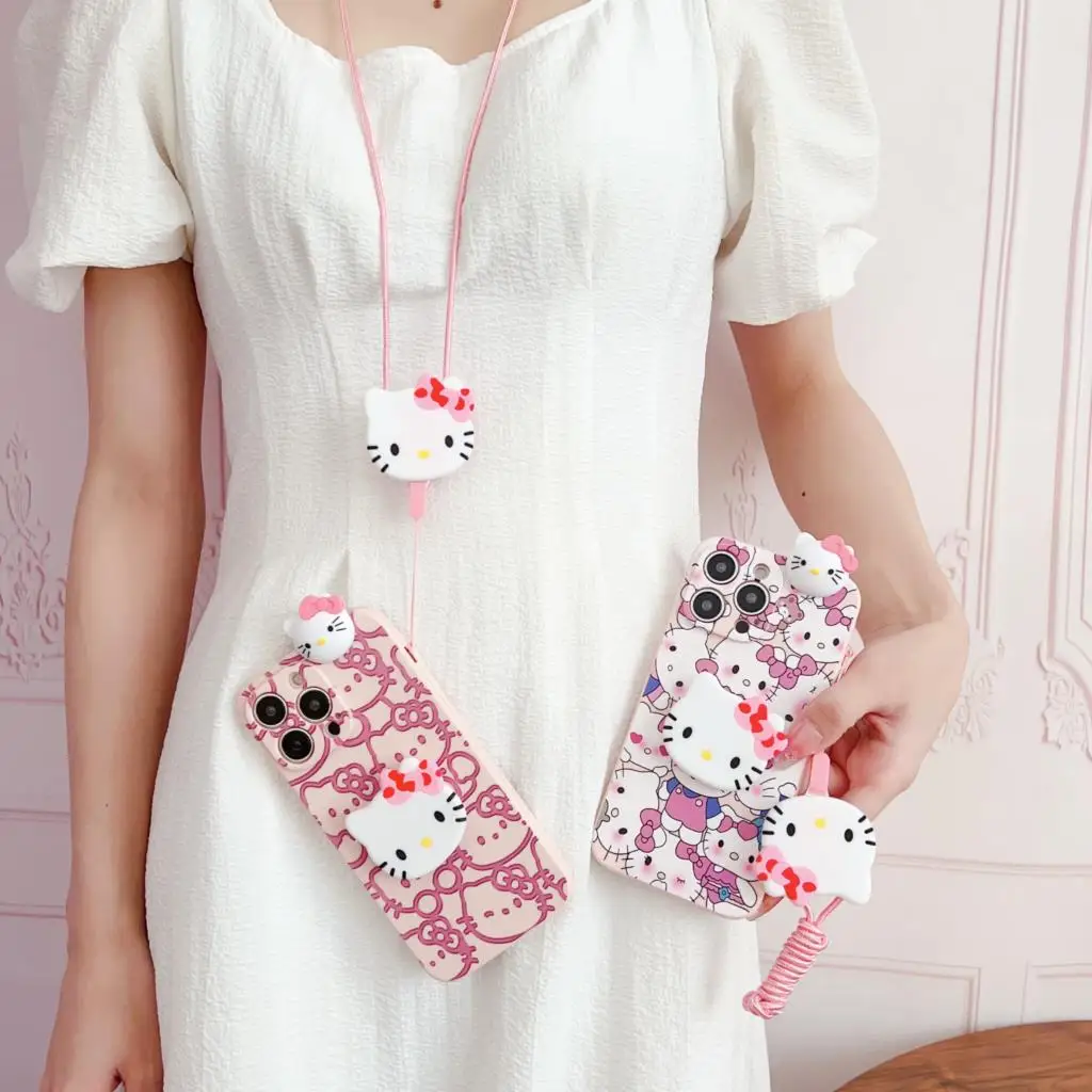 Hello Kitty Head Case With Holder Rope For OPPO A15 A94 A54 A55 A53 A74 A96 A57 A17 A58 A78 Realme C55 C53 C35 C30 C21Y C11