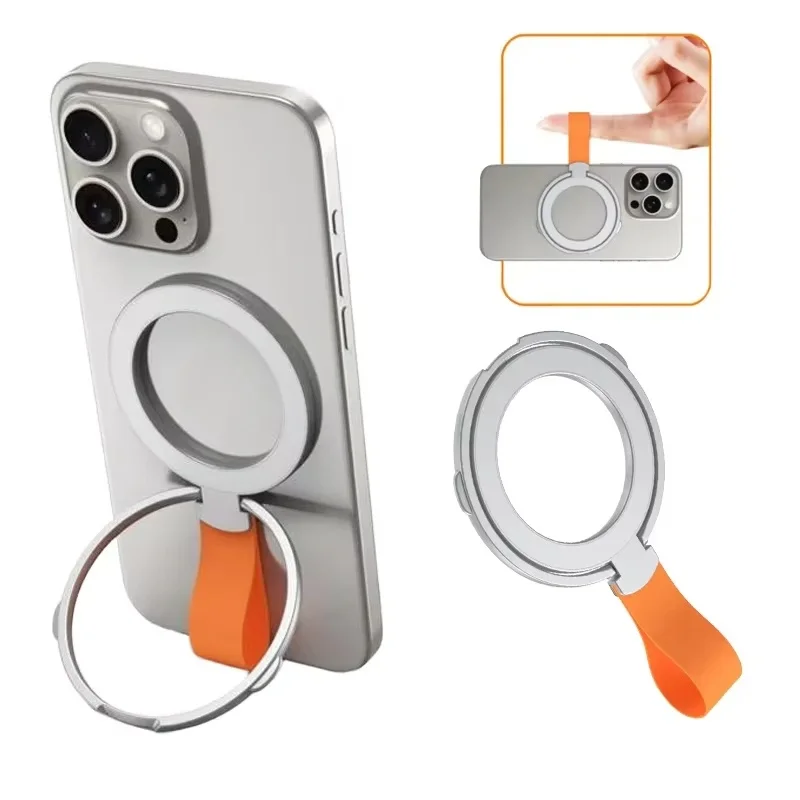 Magnetischer Ring-Handyhalter mit Silikonkabel und drehbarem Ständer für iPhone 17, 16, 15, 14, 13, 12 Serie – Desktop-Legierungs-Schnallenständer