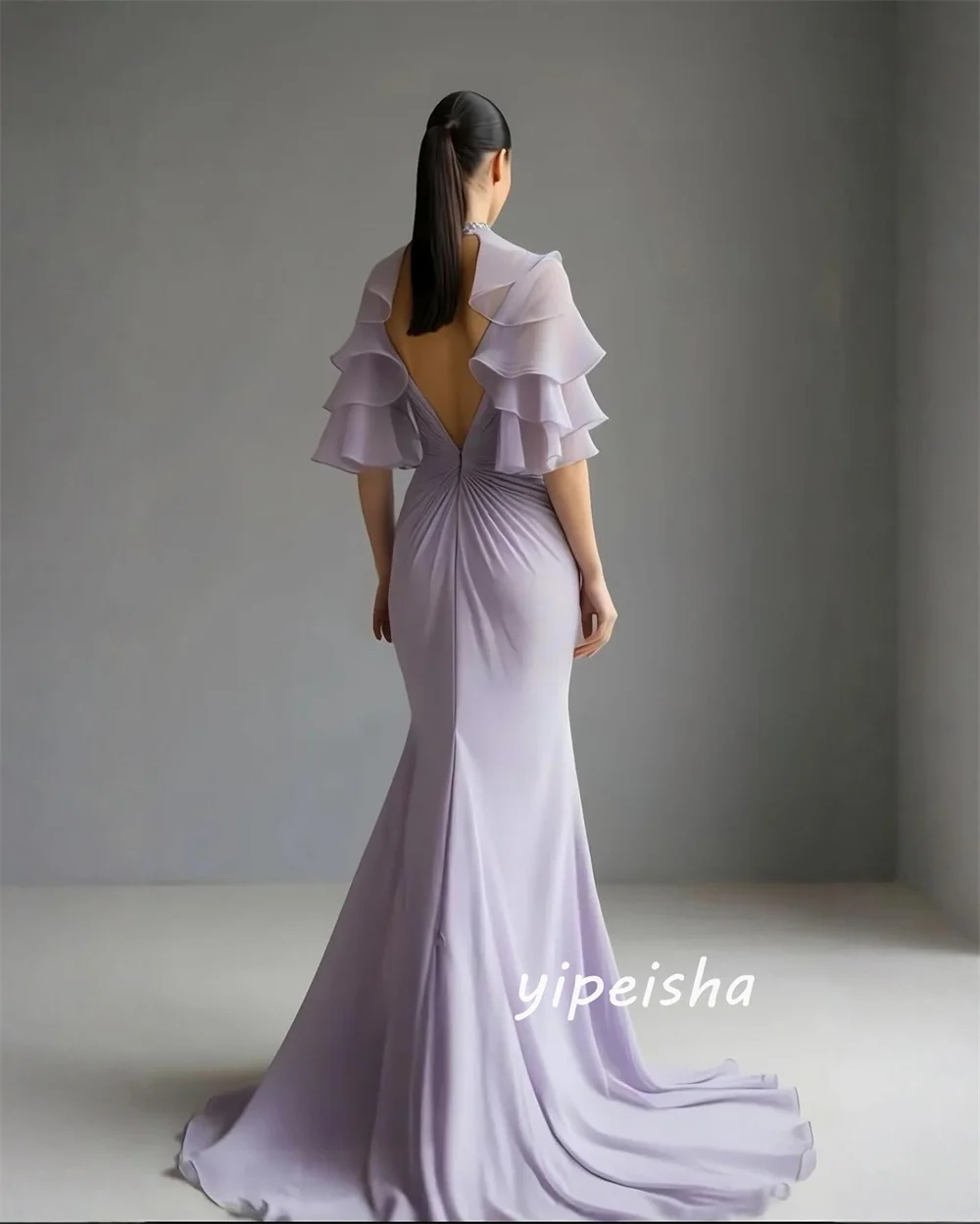 Customized Purple Intricate Luxury Chiffon Pleat Draped Beading Sequined Rhinestone Mermaid High Collar Evening Dresses image 2