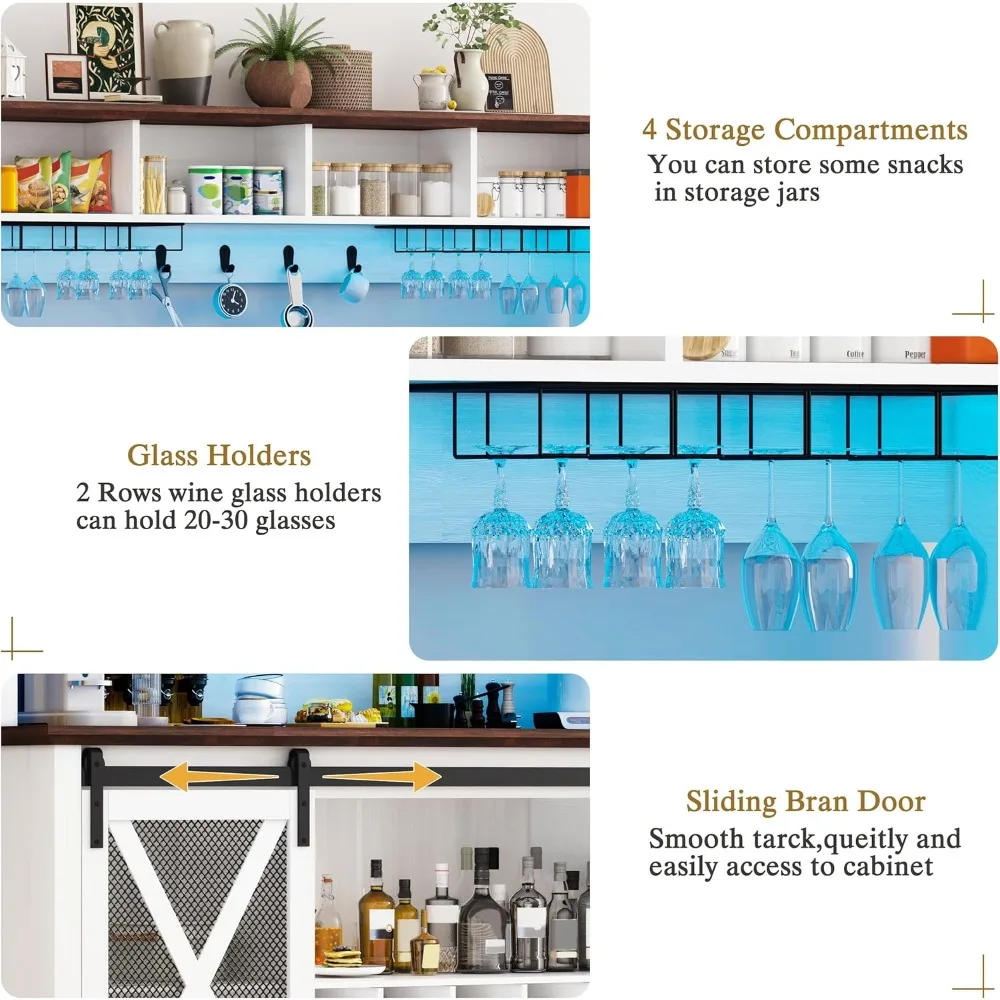 Armadietto da bar da 63 pollici con luci a LED, armadietto da bar per vino con contenitore, gabbia da cucina con porta scorrevole per fienile